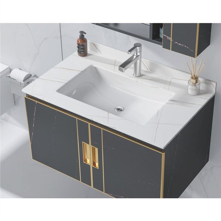 black bathroom vanity with sink